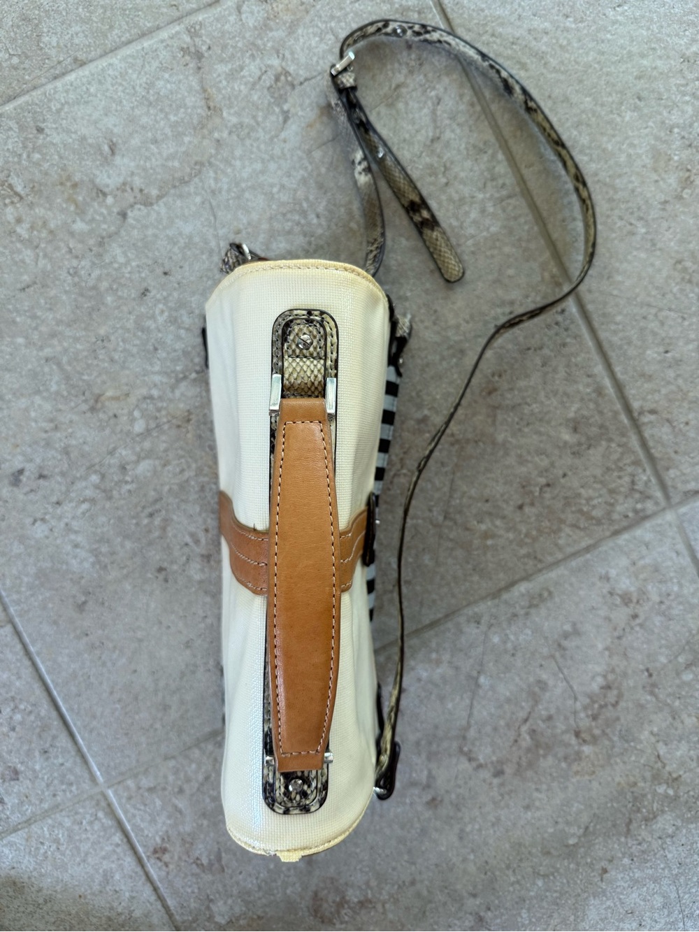 henri bendel Cream & Tan Crossbody Bag with Black & White Stripe Trim - Picture 4 of 6
